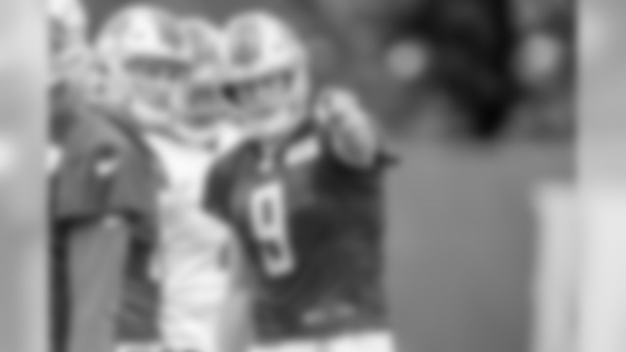 Detroit Lions quarterback Luis Perez (8) and Detroit Lions quarterback Matthew Stafford (9) during practice at the Detroit Lions training facility on Tuesday, Aug. 27, 2019 in Allen Park, Mich. (Detroit Lions via AP)