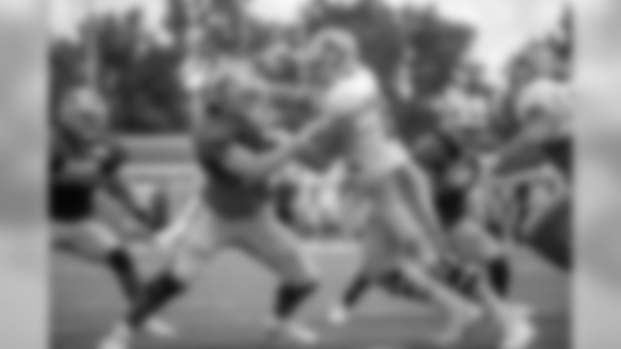 Detroit Lions center/guard Graham Glasgow (60) blocks Detroit Lions defensive end Mitchell Loewen (70) during Day 13 of 2019 Detroit Lions Training Camp presented by Rocket Mortgage on Saturday, Aug. 10, 2019 in Allen Park, Mich. (Detroit Lions via AP)