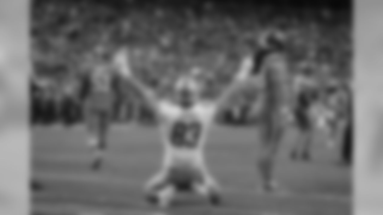 Detroit Lions tight end Jesse James (83) celebrates a touchdown during a NFL football game against the Denver Broncos Sunday, Dec. 22, 2019 in Denver. (Detroit Lions via AP).