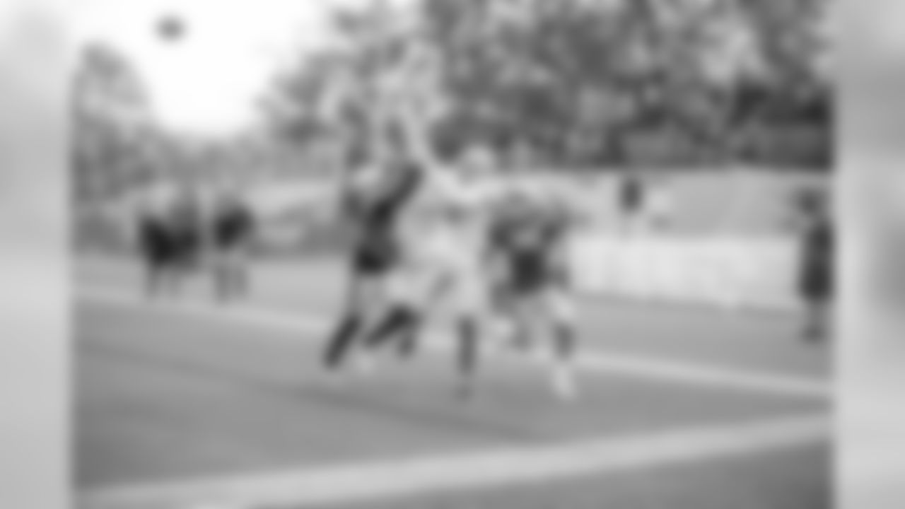 Detroit Lions cornerback Dee Virgin (30) and Detroit Lions cornerback Michael Ford (38) defend Detroit Lions wide receiver Kenny Golladay (19) during Day 6 of Detroit Lions Training Camp presented by Rocket Mortgage on Wednesday, July 31, 2019 in Allen Park, Mich.