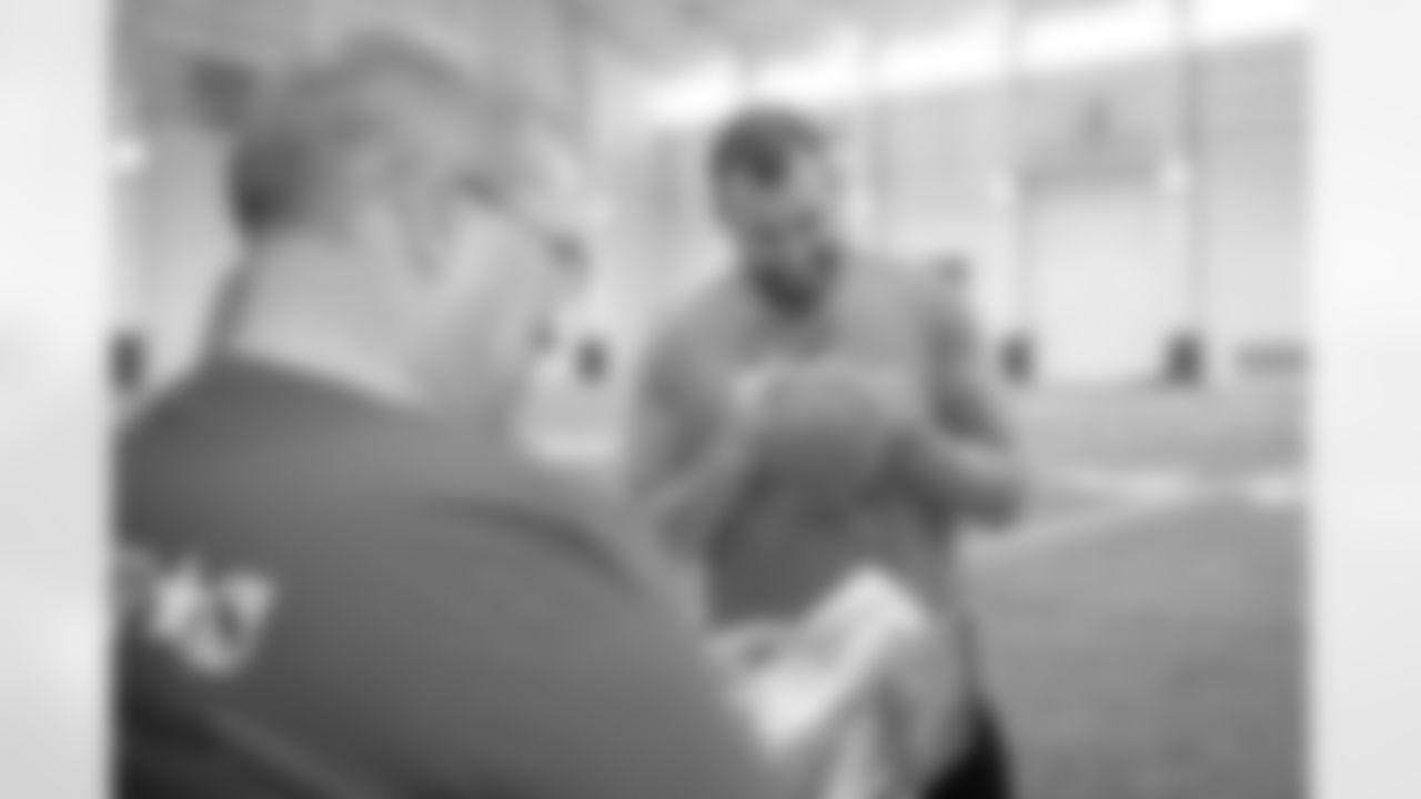 Detroit Lions long snapper Don Muhlbach (48) meets with families from Tragedy Assistance Program For Survivors (TAPS) after the team's walkthrough at the Detroit Lions training facility on Saturday, Nov. 17, 2018 in Allen Park, Mich. (Detroit Lions via AP)