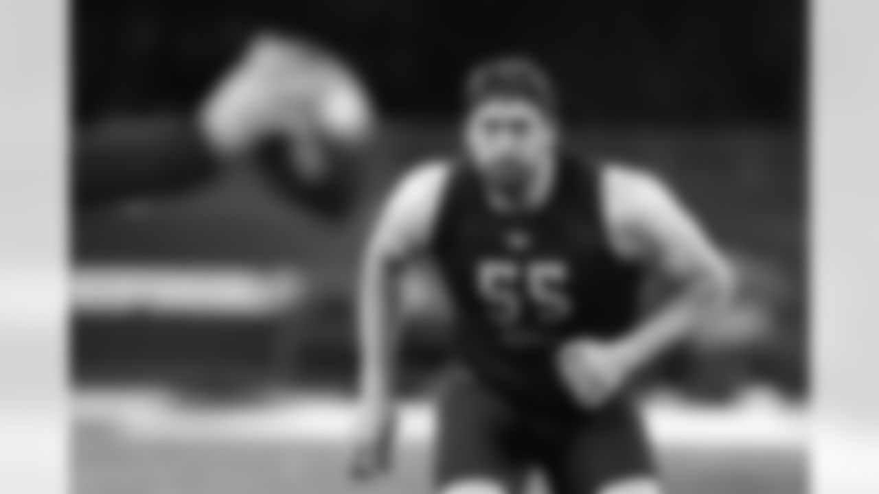 North Dakota offensive lineman Matt Waletzko runs a drill during the NFL football scouting combine, Friday, March 4, 2022, in Indianapolis. (AP Photo/Darron Cummings)