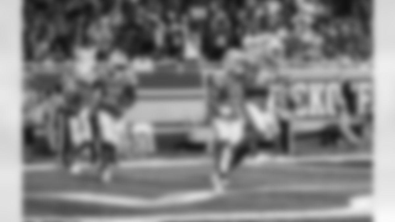 Detroit Lions wide receiver Quintez Cephus (87), Detroit Lions wide receiver Amon-Ra St. Brown (14), and Detroit Lions running back D'Andre Swift (32) celebrate during a NFL football game against the San Francisco 49ers on Sunday, September 12, 2021 in Detroit, MI. (Jeff Nguyen/Detroit Lions).