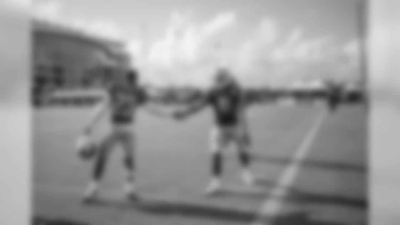 Detroit Lions cornerback Johnathan Alston (41) celebrates a pass breakup with Detroit Lions cornerback Darius Slay (23) during Day 16 of 2019 Detroit Lions Training Camp presented by Rocket Mortgage on Wednesday, Aug. 14, 2019 in Houston. (Detroit Lions via AP)