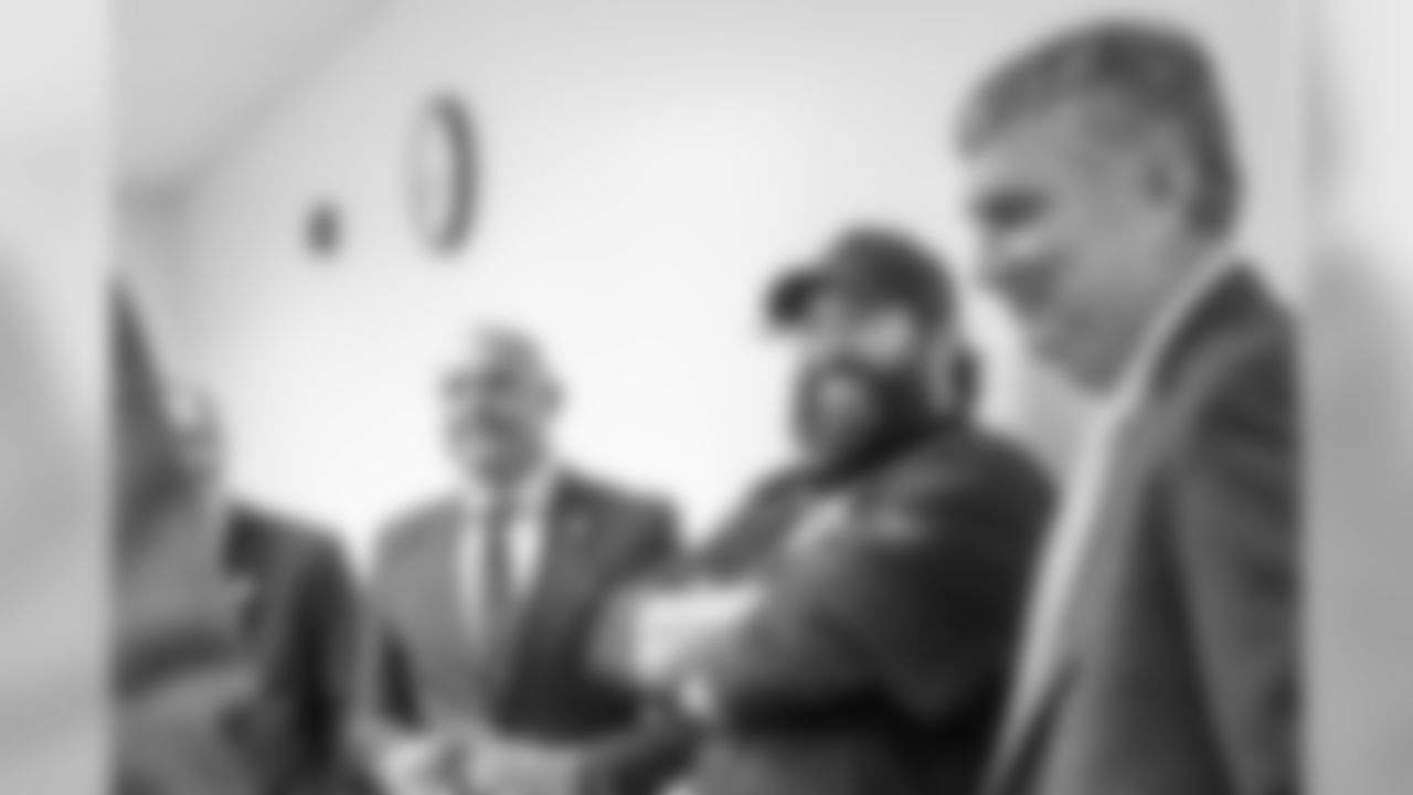 Detroit Lions head coach Matt Patricia talks with Georgia Tech head coach Paul Johnson and University of Minnesota head coach P.J. Fleck before the Quick Lane Bowl Press Conference on Wednesday, Dec. 5, 2018 in Allen Park, Mich. (Detroit Lions via AP)