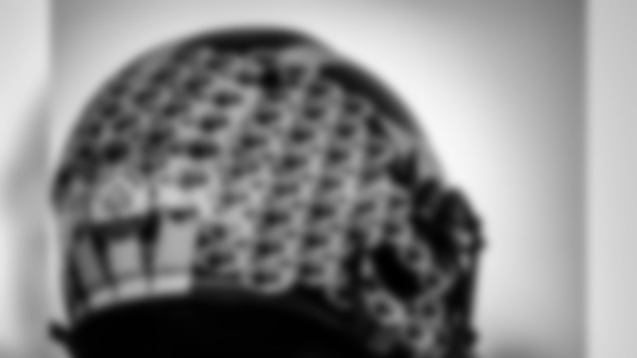 Shea Patterson's Michigan Wolverines helmet during Reese's Senior Bowl practice Tuesday, Jan. 21, 2020 in Mobile, Ala. (Detroit Lions via AP).