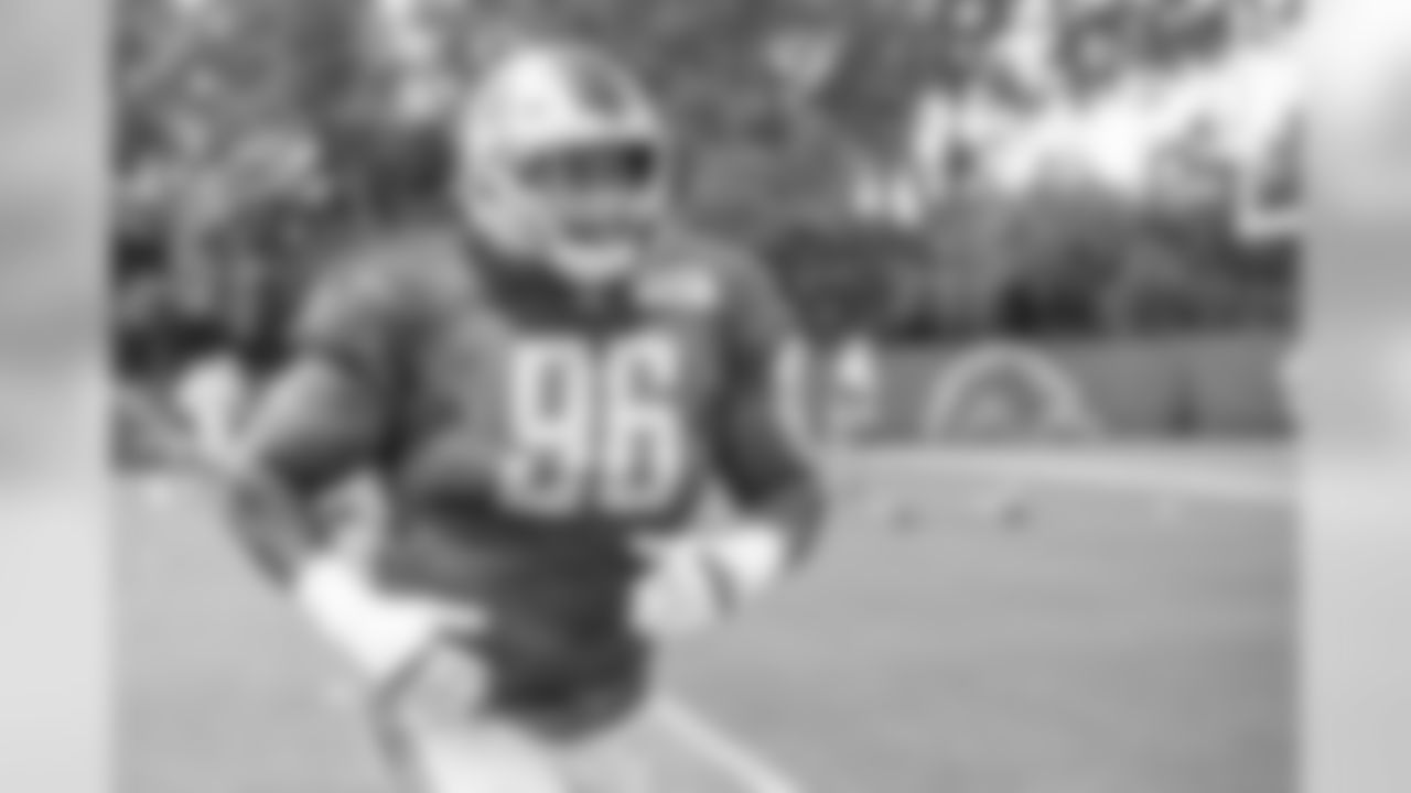 Detroit Lions defensive tackle Mike Daniels (96) during practice at the Detroit Lions training facility on Wednesday, Aug. 21, 2019 in Allen Park, Mich. (Detroit Lions via AP)