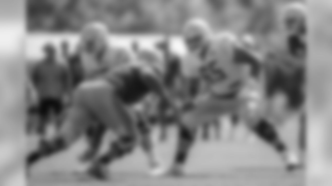 Detroit Lions tackle Tyrell Crosby (65) during training camp practice on Sunday, July 29, 2018 in Allen Park, Mich. (Detroit Lions via AP)