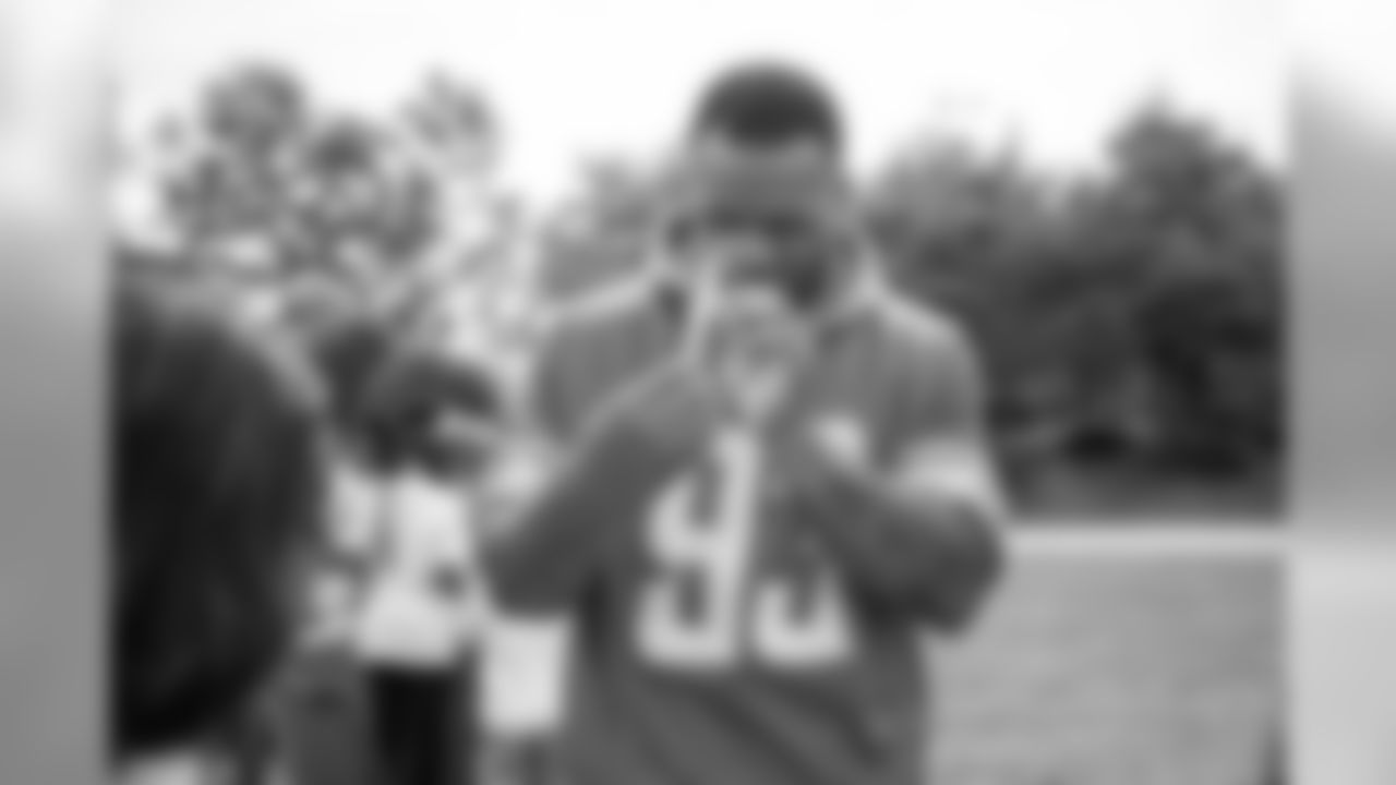 Detroit Lions defensive lineman Da'Shawn Hand (93) helps build rockets with students from Detroit Lions Academy as part of Season Launch Week presented by Rocket Mortgage Tuesday, Sept. 10, 2019 in Allen Park, Mich.