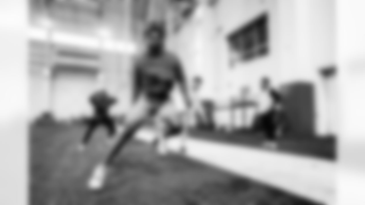 Detroit Lions safety JuJu Hughes, Detroit Lions safety Brady Breeze (15), Detroit Lions cornerback AJ Parker (41) during a morning workout at the Lions training facility in Allen Park, MI on April 21, 2022. (Jeff Nguyen/Detroit Lions)