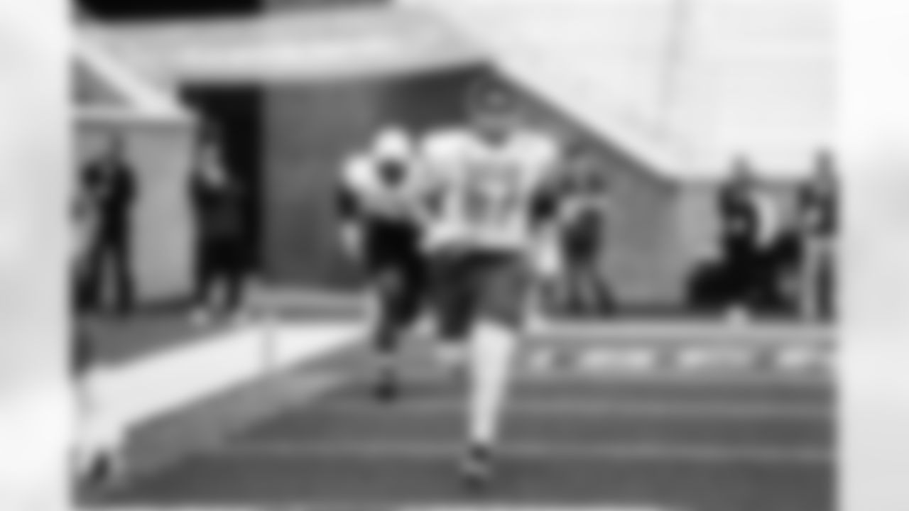 Central Michigan offensive lineman Luke Goedeke during Senior Bowl practice on February 1, 2022. (Jeff Nguyen/Detroit Lions)