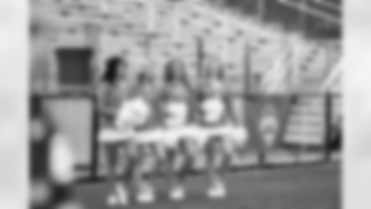 The Detroit Lions Cheerleaders cheer on during the 2023 Michigan Girls High School Flag Football Pilot League Week 2 at Stoney Creek HS Saturday May 13, 2023 in Rochester Hills, MI. (Carl Jones II/Detroit Lions).