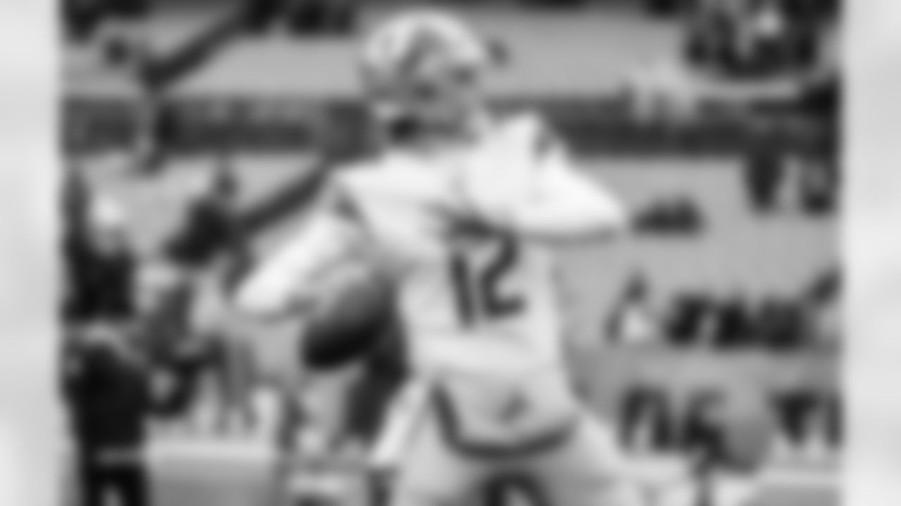 Detroit Lions quarterback Tim Boyle (12) warms up before a NFL football game against the Cleveland Browns on Sunday, November 21, 2021 in Cleveland, OH. (Jeff Nguyen/Detroit Lions).