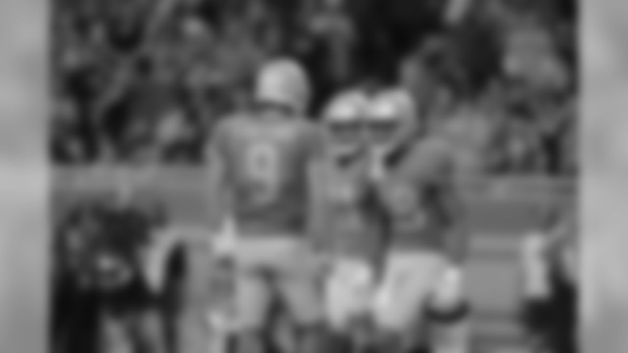 Detroit Lions wide receiver Kenny Golladay (19) celebrates a touchdown catch with Detroit Lions quarterback Matthew Stafford (9) and Detroit Lions wide receiver Marvin Jones Jr. (11) during a NFL football game against the Kansas City Chiefs Sunday, Sept. 29, 2019 in Detroit. (Detroit Lions via AP).