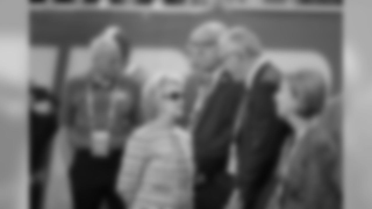 Detroit Lions owner and chairman Martha Firestone Ford talks to Detroit Lions team president Rod Wood before a NFL football game against the Los Angeles Chargers Sunday, Sept. 15, 2019 in Detroit. (Detroit Lions via AP).