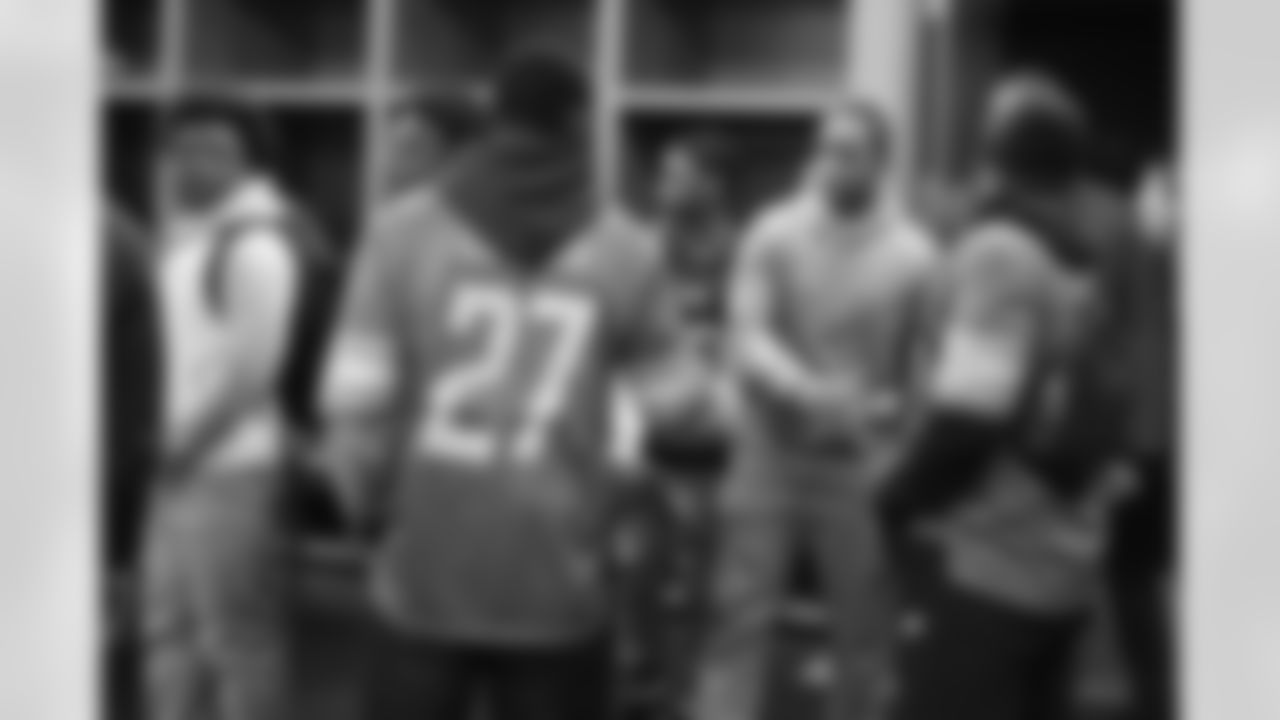 Detroit Lions cornerback Justin Coleman (27) at a pizza party with students from Renaissance High School in the Ford Field locker room on Wednesday, May 8, 2019 in Detroit.