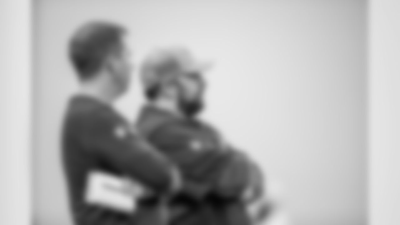 Detroit Lions head coach Matt Patricia and Detroit Lions executive vice president & general manager Bob Quinn watch Day 1 of rookie minicamp on Friday, May 10, 2019 in Allen Park, Mich. (Detroit Lions via AP)