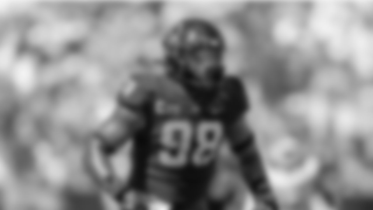 TCU defensive lineman Dylan Horton (98) is seen during an NCAA football game against Oklahoma on Saturday, Oct. 1, 2022, in Fort Worth, Texas. TCU won 55-24. (AP Photo/Brandon Wade)