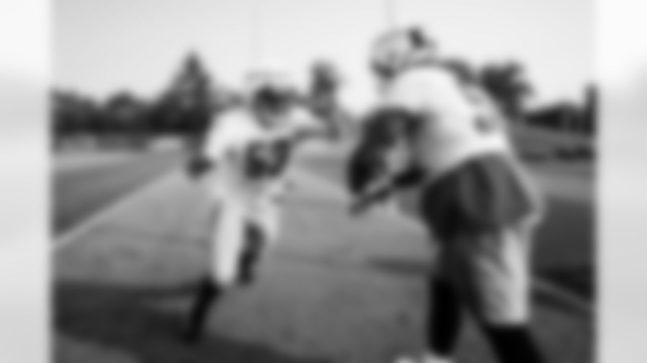 Detroit Lions defensive lineman Charles Harris (53), Detroit Lions defensive lineman Christian Covington (52) during training camp at the Lions training facility in Allen Park, MI on July 25, 2023. (Jeff Nguyen/Detroit Lions)