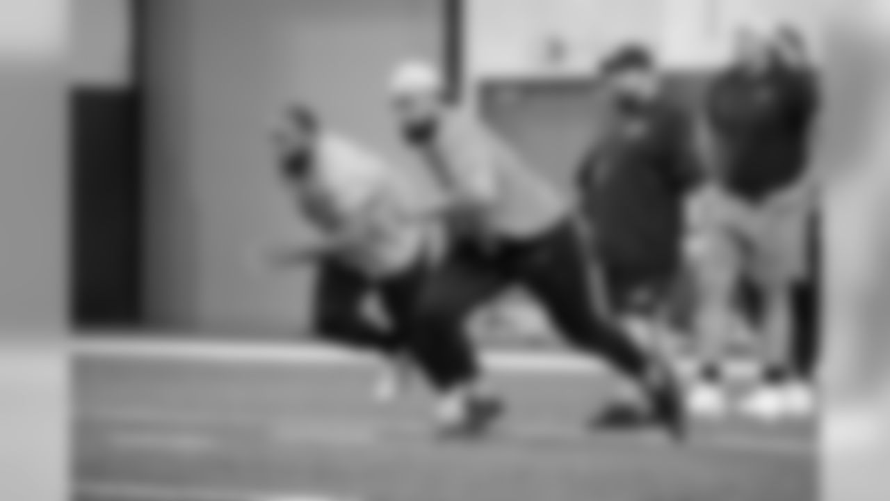 Detroit Lions offensive lineman Tyrell Crosby and Detroit Lions center Leo Koloamatangi compete in a drill during phase two of the voluntary offseason program on Thursday, May 9, 2019 in Allen Park, Mich. (Detroit Lions via AP)