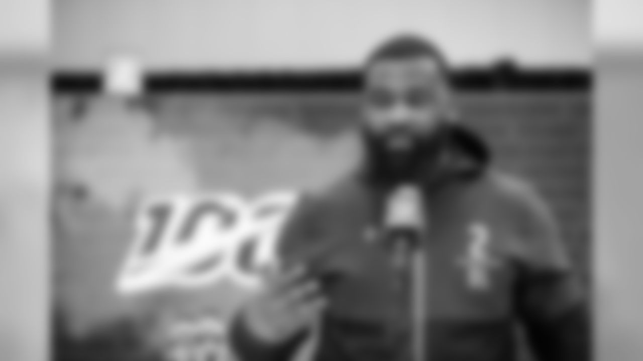 Alabama defensive lineman Isaiah Buggs talks to the media at the NFL Scouting Combine on Saturday, March 2 2019 in Indianapolis. (Detroit Lions via AP)