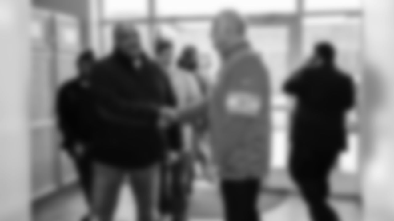Eric Hipple greets homeless veterans picking up Empowerment Plan coats, socks and hand warmers donated by the Detroit Lions as part of the Salute to Service campaign presented by Humanetics on Thursday, Nov. 8, 2018 in Detroit.