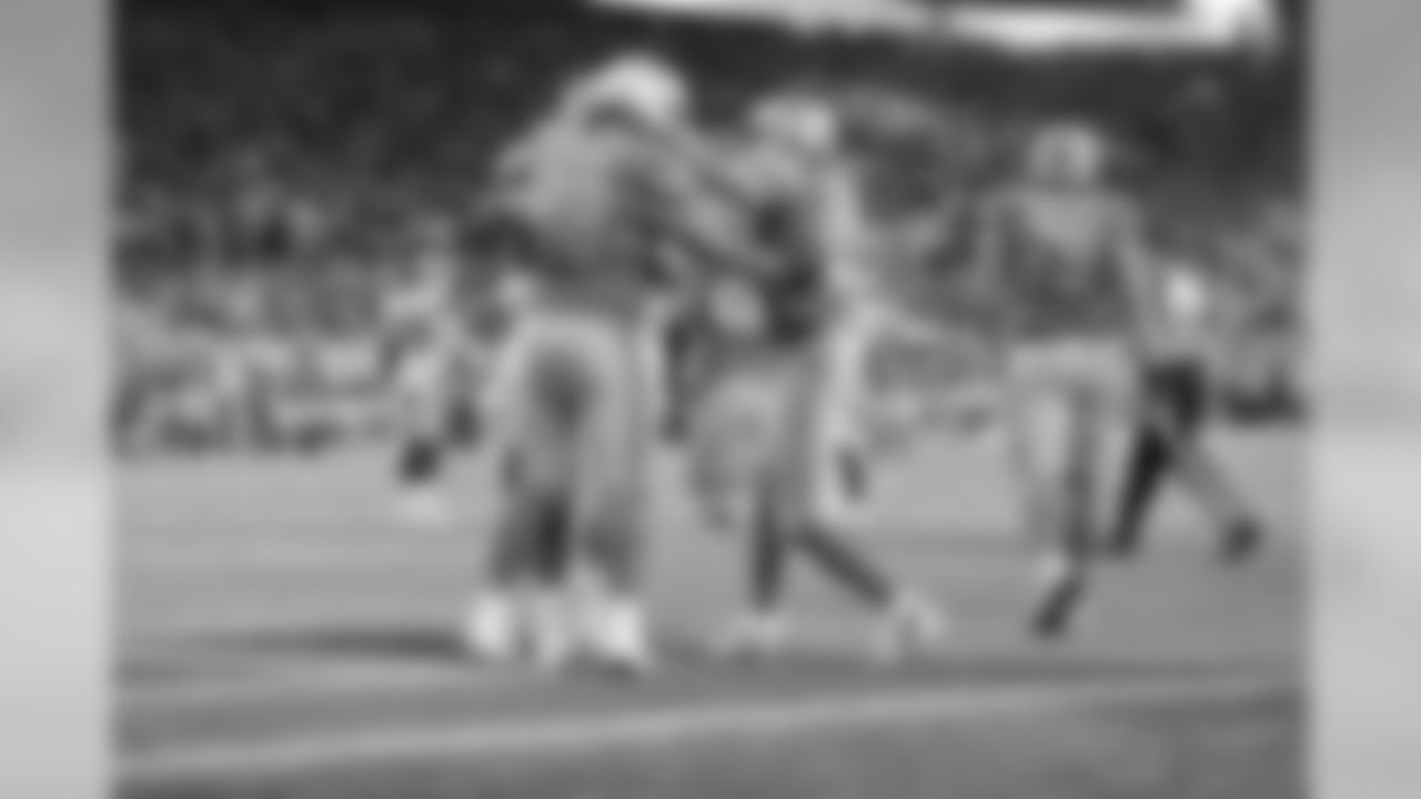 Detroit Lions tackle Taylor Decker (68) celebrates a touchdown catch during a NFL football game against the Los Angeles Rams on Sunday, Dec. 2, 2018 in Detroit. (Detroit Lions via AP).