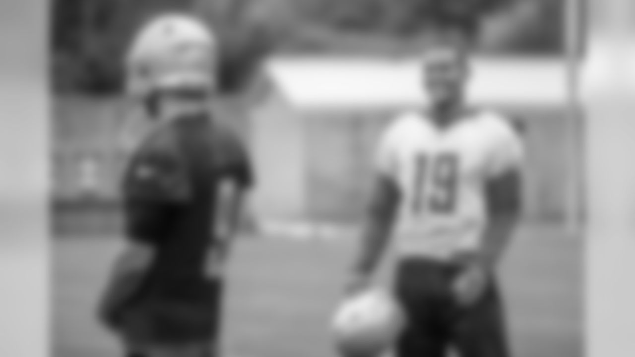 Detroit Lions wide receiver Kenny Golladay (19) smiles with Detroit Lions quarterback Matthew Stafford (9) during Day 3 of minicamp on Thursday, June 6, 2019 in Allen Park, Mich. (Detroit Lions via AP)