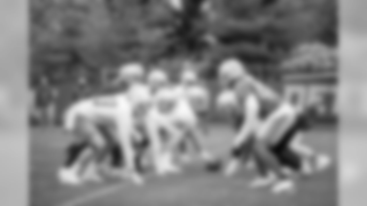 Detroit Lions offensive line on Day 1 of OTAs on Monday, May 20, 2019 in Allen Park, Mich. (Detroit Lions via AP)