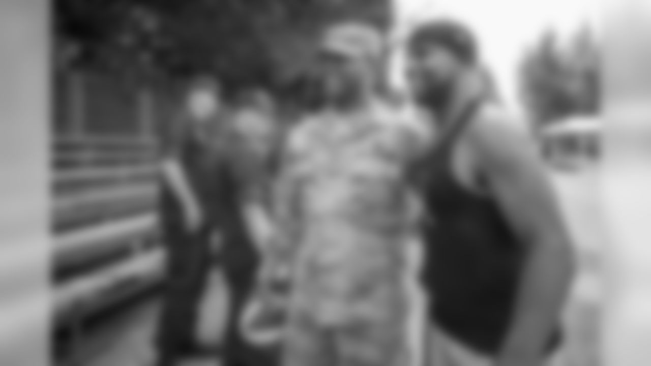 Detroit Lions wide receiver Golden Tate visits with military members following training camp practice on Wednesday, Aug. 8, 2018 in Napa, Calif. (Detroit Lions via AP)