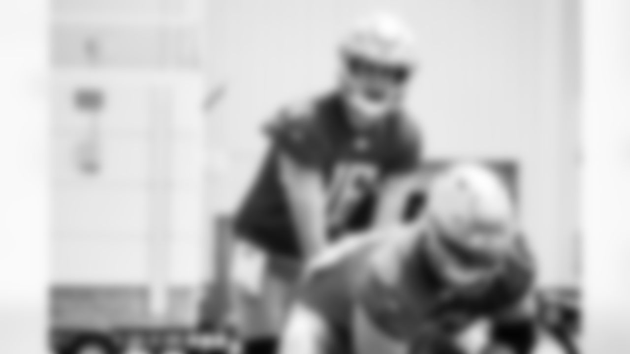 Detroit Lions quarterback Jared Goff (16), Detroit Lions guard Ross Pierschbacher (66) during minicamp at the Lions Training Facility in Allen Park, MI on June 7, 2023. (Jeff Nguyen/Detroit Lions)