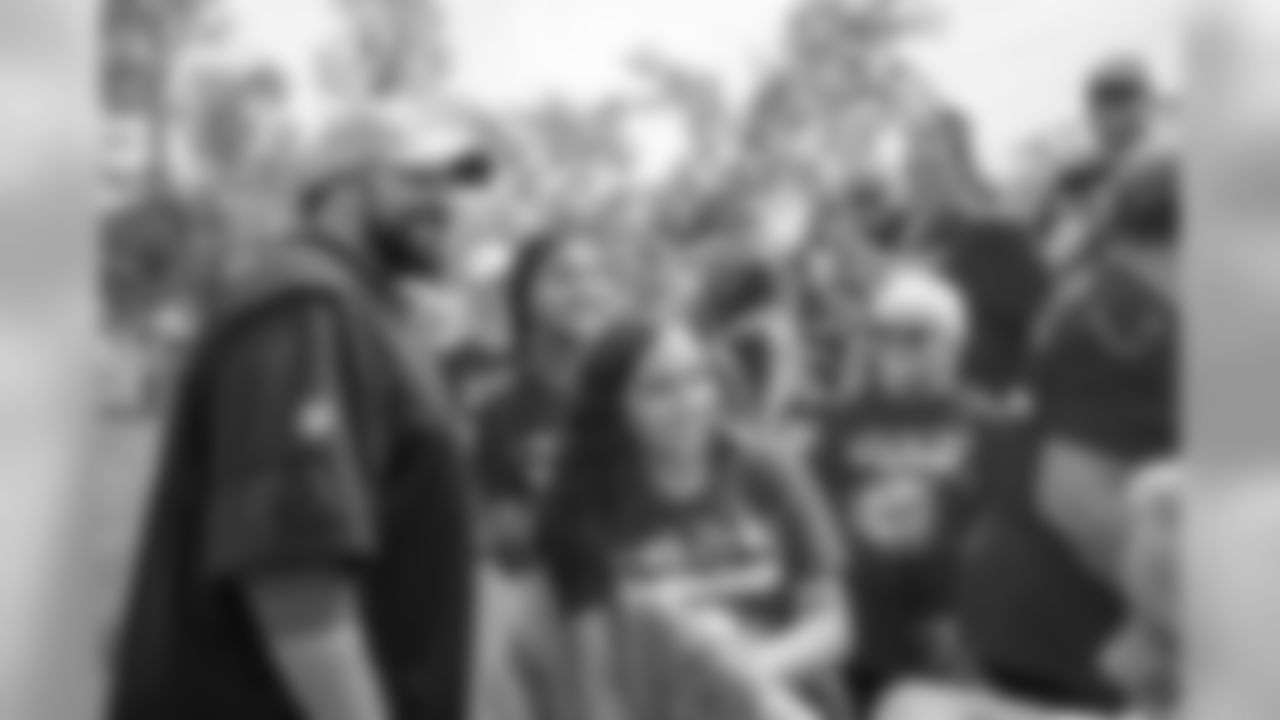 Detroit Lions head coach Matt Patricia spends time with visitors from Tragedy Assistance Program For Survivors (TAPS) following training camp practice on Monday, July 30, 2018 in Allen Park, Mich. (Detroit Lions via AP)