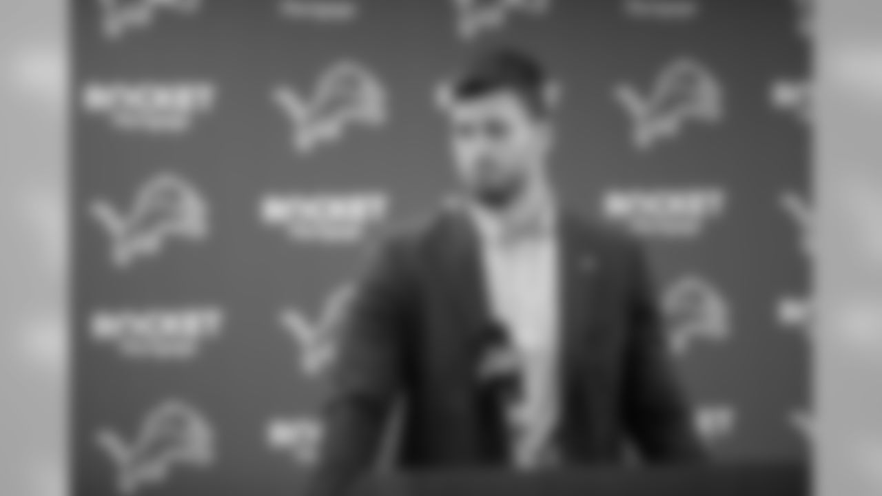 Detroit Lions tight end Jesse James speaks to the media during an introductory press conference at the Detroit Lions training facility on Thursday, March 14, 2019 in Allen Park, Mich. (Detroit Lions via AP)