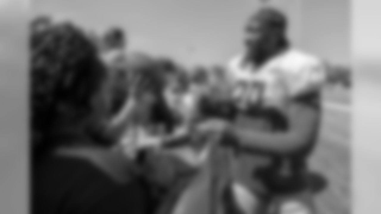 Detroit Lions running back LeGarrette Blount (29) signs autographs for fans following training camp practice on Thursday, Aug. 2, 2018 in Allen Park, Mich. (Detroit Lions via AP)