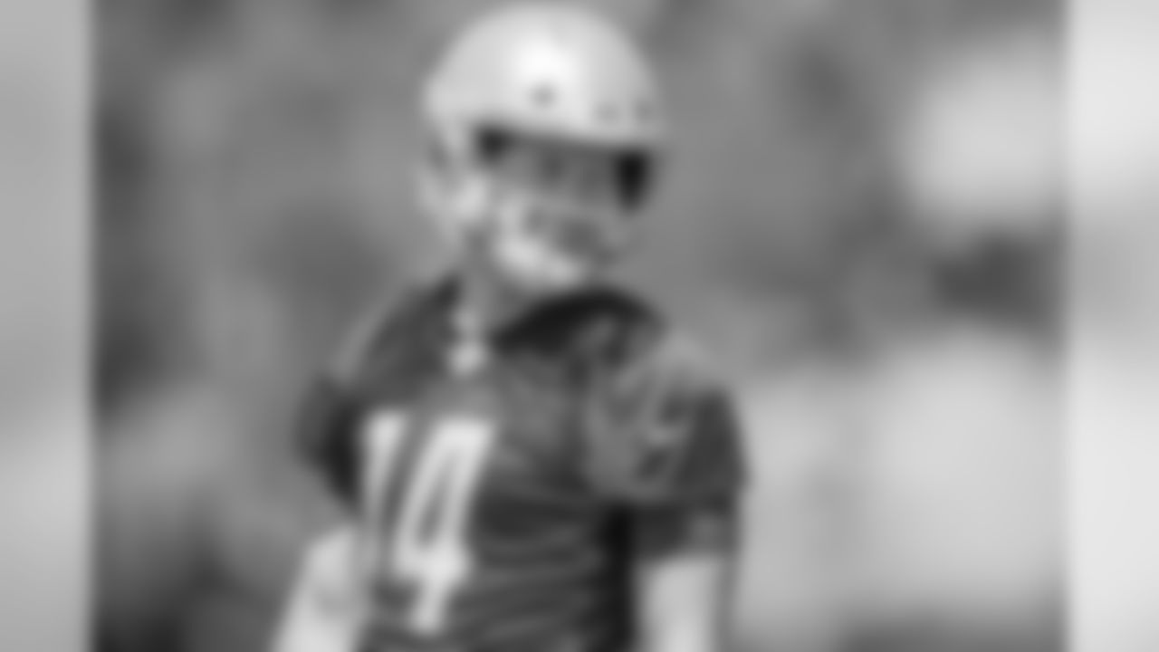 Detroit Lions quarterback Jake Rudock (14) smiles during an OTA practice at the Detroit Lions training facility on Thursday, May 24, 2018 in Allen Park, Mich. (Detroit Lions via AP)
