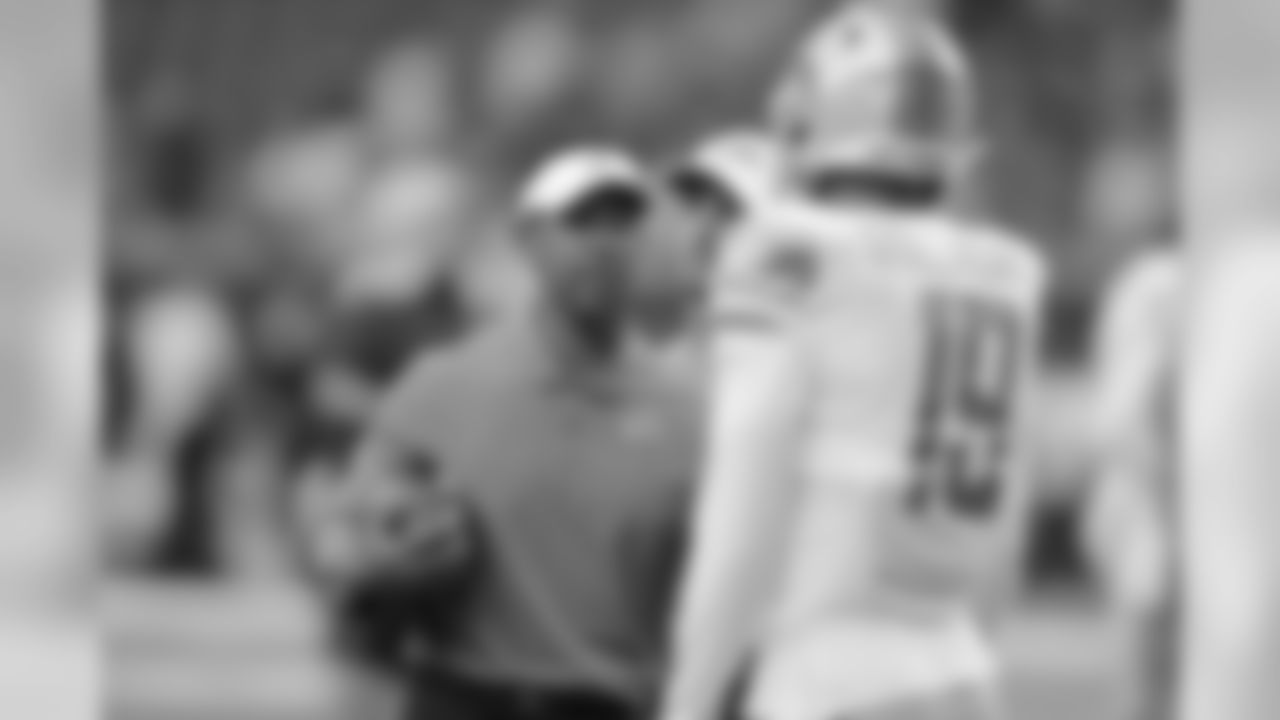 Detroit Lions wide receiver coach Robert Prince and Detroit Lions wide receiver Kenny Golladay (19) before a NFL football game against the Houston Texans on Saturday, Aug. 17, 2019 in Houston. (Detroit Lions via AP).