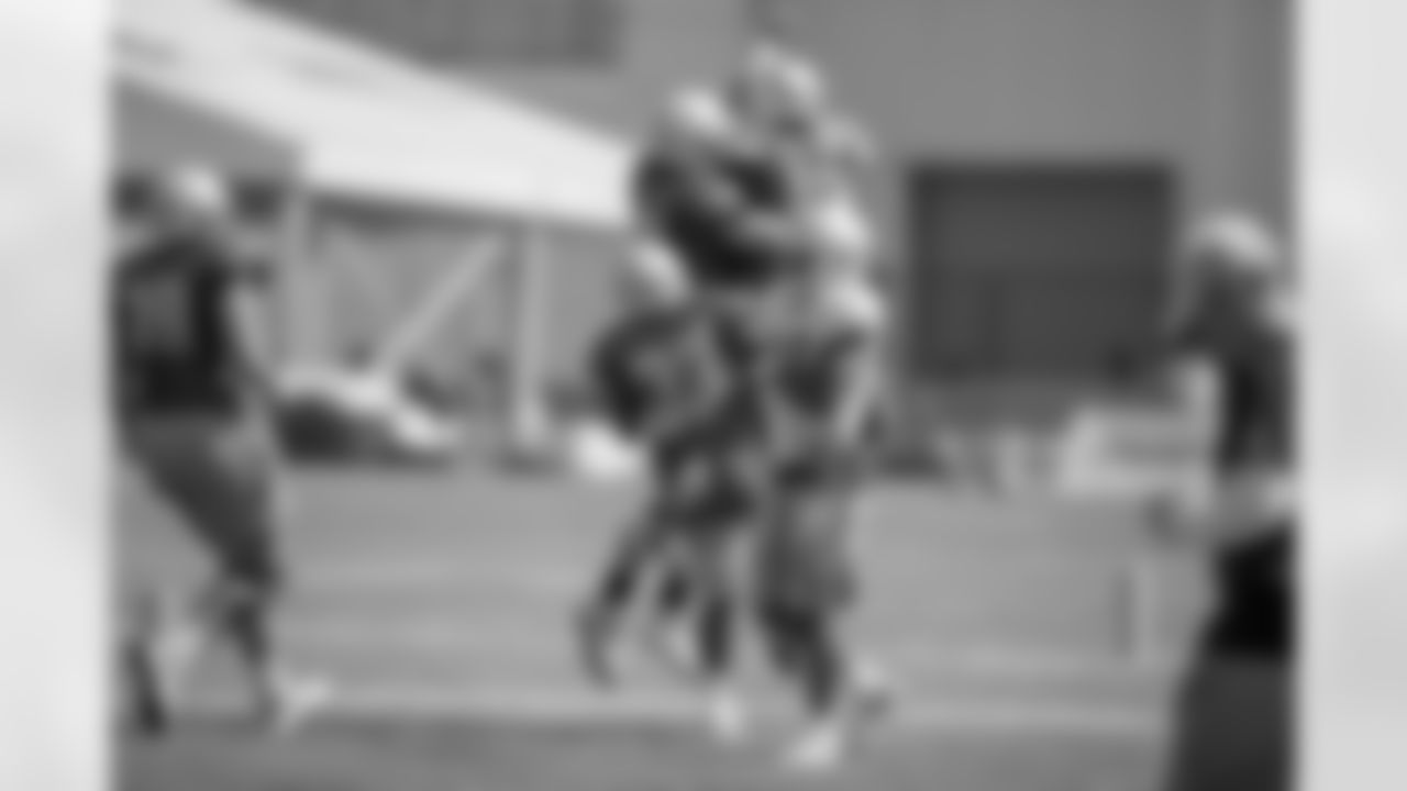 Detroit Lions wide receiver Teo Redding (10) celebrates a touchdown catch during training camp practice on Saturday, Aug. 4, 2018 in Allen Park, Mich. (Detroit Lions via AP)