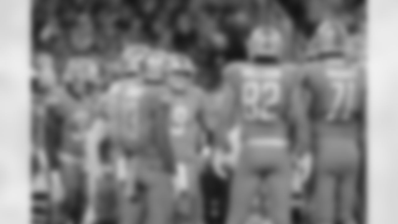Detroit Lions quarterback Matthew Stafford (9) and the offensive huddle during a NFL football game against the Carolina Panthers on Sunday, Nov. 18, 2018 in Detroit. (Detroit Lions via AP).