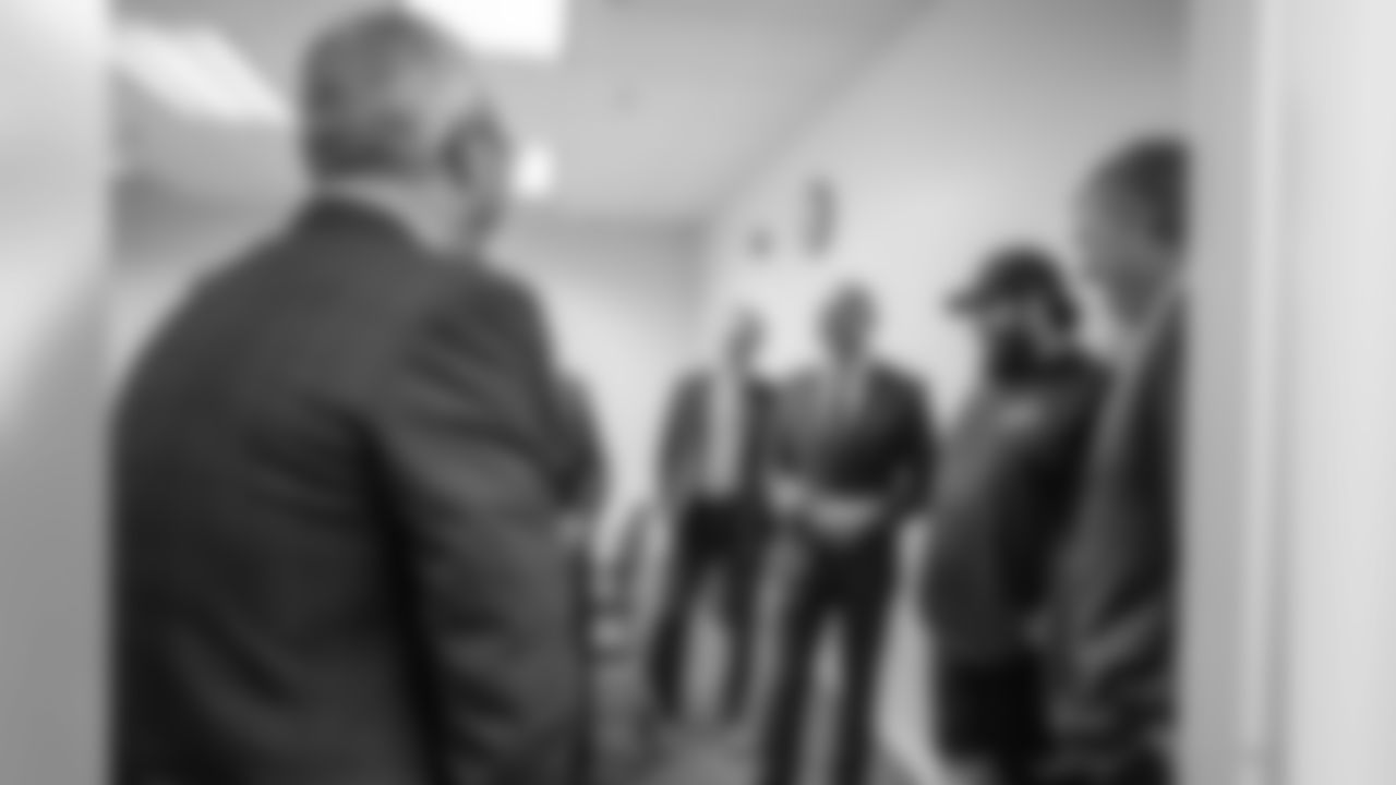 Detroit Lions team president Rod Wood and Detroit Lions head coach Matt Patricia talk with Georgia Tech head coach Paul Johnson and University of Minnesota head coach P.J. Fleck before the Quick Lane Bowl Press Conference on Wednesday, Dec. 5, 2018 in Allen Park, Mich. (Detroit Lions via AP)