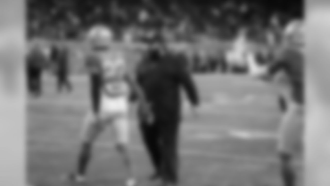 Detroit Lions head coach Matt Patricia and Detroit Lions cornerback Darius Slay (23) before a NFL football game against the Chicago Bears on Thursday, Nov. 22, 2018 in Detroit. (Detroit Lions via AP).