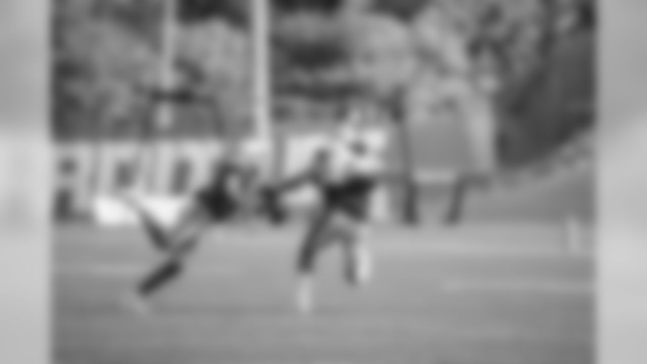 Detroit Lions safety C.J. Moore (49) breaks up a pass intended for Detroit Lions wide receiver Travis Fulgham (84) during Day 6 of Detroit Lions Training Camp presented by Rocket Mortgage on Wednesday, July 31, 2019 in Allen Park, Mich.