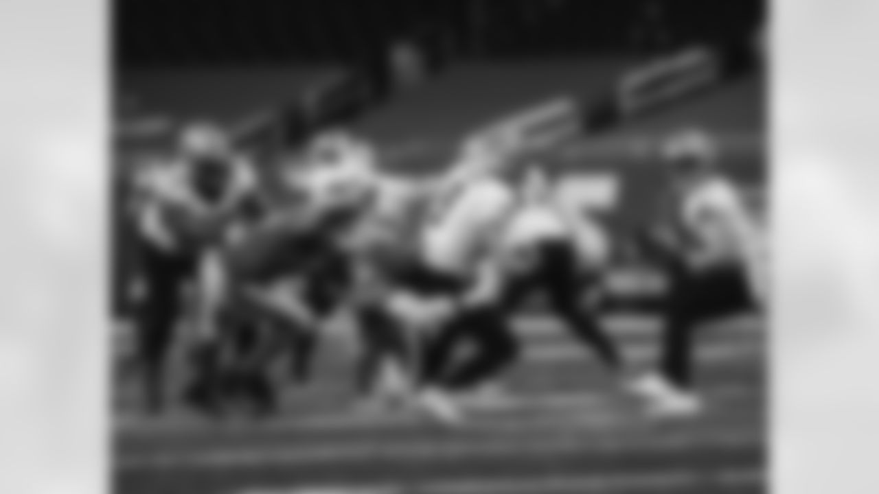 Detroit Lions defensive end Romeo Okwara (95) sacks New Orleans Saints quarterback Drew Brees (9) during an NFL football game against the New Orleans Saints on Sunday, Oct. 4, 2020 in Detroit. (Detroit Lions via AP).