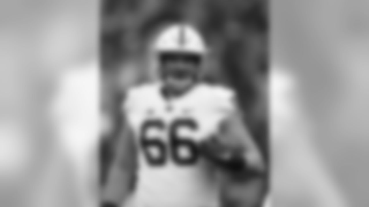Penn State offensive lineman Connor McGovern (66) warms up before an NCAA college football game against Michigan in Ann Arbor, Mich., Saturday, Nov. 3, 2018. (AP Photo/Paul Sancya)