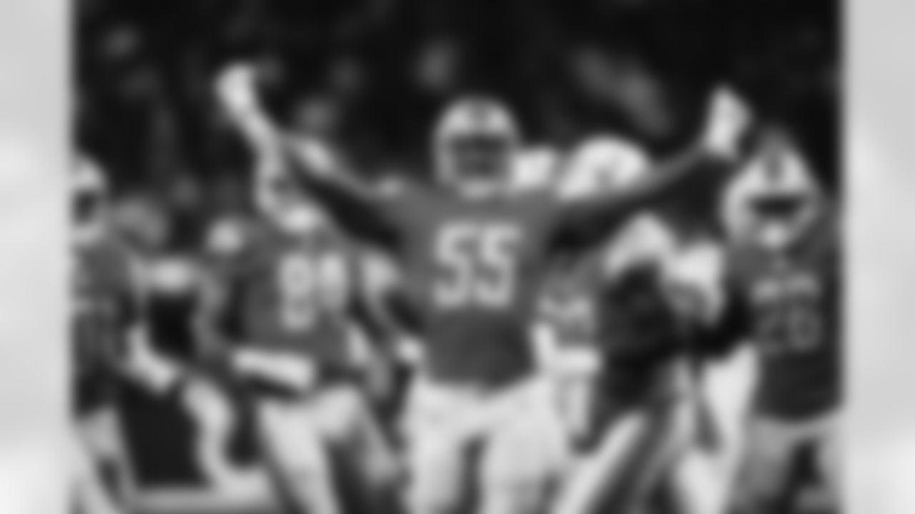 Detroit Lions linebacker Derrick Barnes (55) celebrates during a NFL preseason football game against the Indianapolis Colts on Saturday, August 20, 2022 in Indianapolis, IN. (Josh Mandujano/Detroit Lions).
