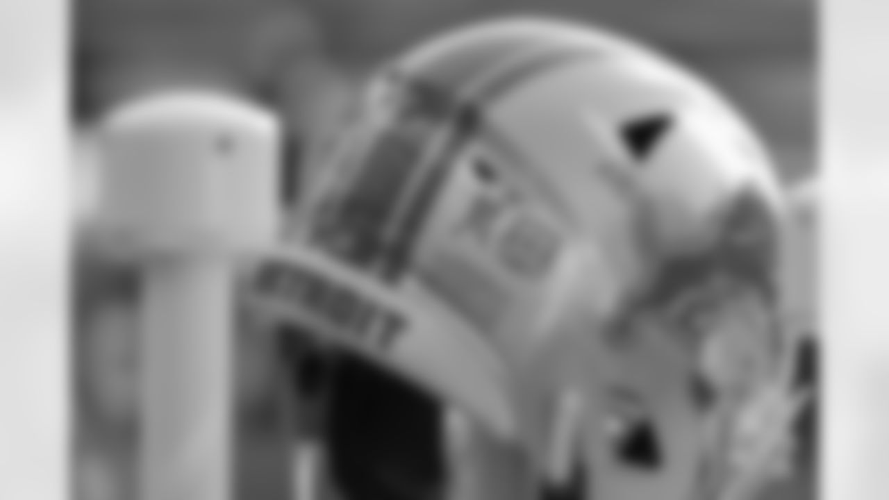Coast Guard decal on the helmet of Detroit Lions defensive end Ziggy Ansah (94) for the Salute to Service initiative during a NFL football game against the Chicago Bears on Sunday, Nov. 11, 2018 in Chicago. (Detroit Lions via AP).