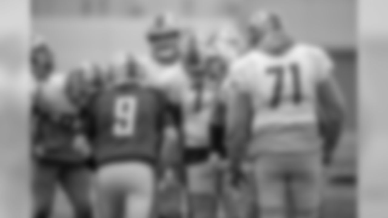 Detroit Lions quarterback Matthew Stafford (9) and the offense huddle during practice at the Detroit Lions training facility on Wednesday, Nov. 27, 2018 in Allen Park, Mich. (Detroit Lions via AP)