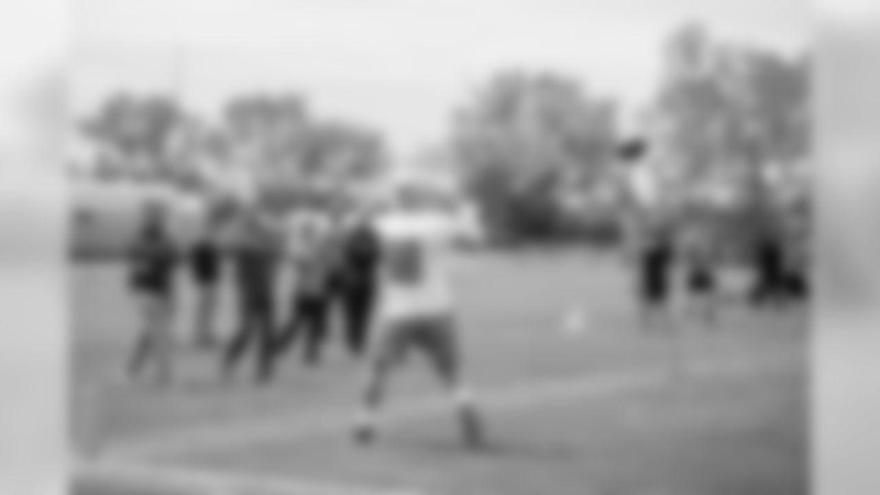 Detroit Lions tight end T.J. Hockenson (88) catches a touchdown pass during Day 2 of OTAs on Wednesday, May 22, 2019 in Allen Park, Mich. (Detroit Lions via AP)