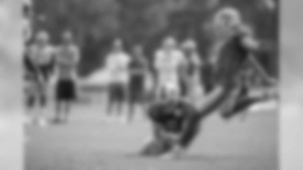 Detroit Lions punter Ryan Santoso (2) kicks a field goal during training camp practice on Wednesday, Aug. 15, 2018 in Allen Park, Mich. (Detroit Lions via AP)