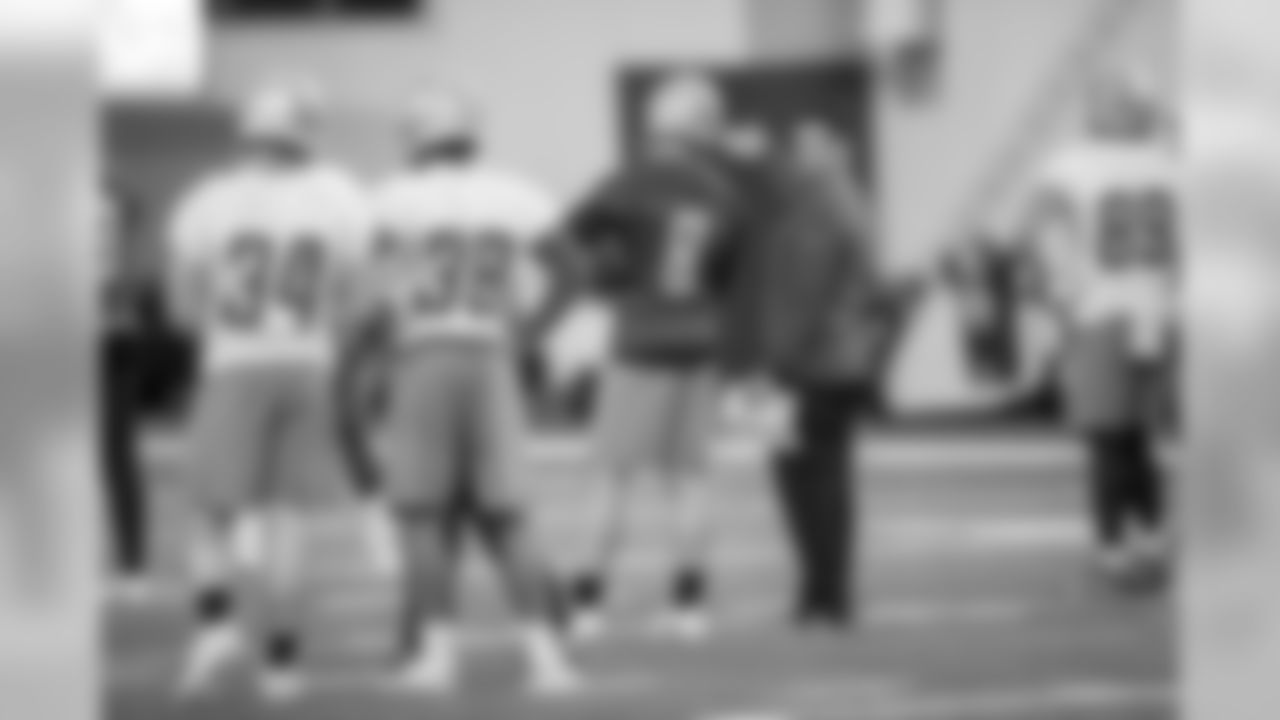 Detroit Lions quarterbacks coach Sean Ryan and Detroit Lions quarterback David Fales (8) during Day 6 of OTA practices on Monday, June 10, 2019 in Allen Park, Mich. (Detroit Lions via AP)