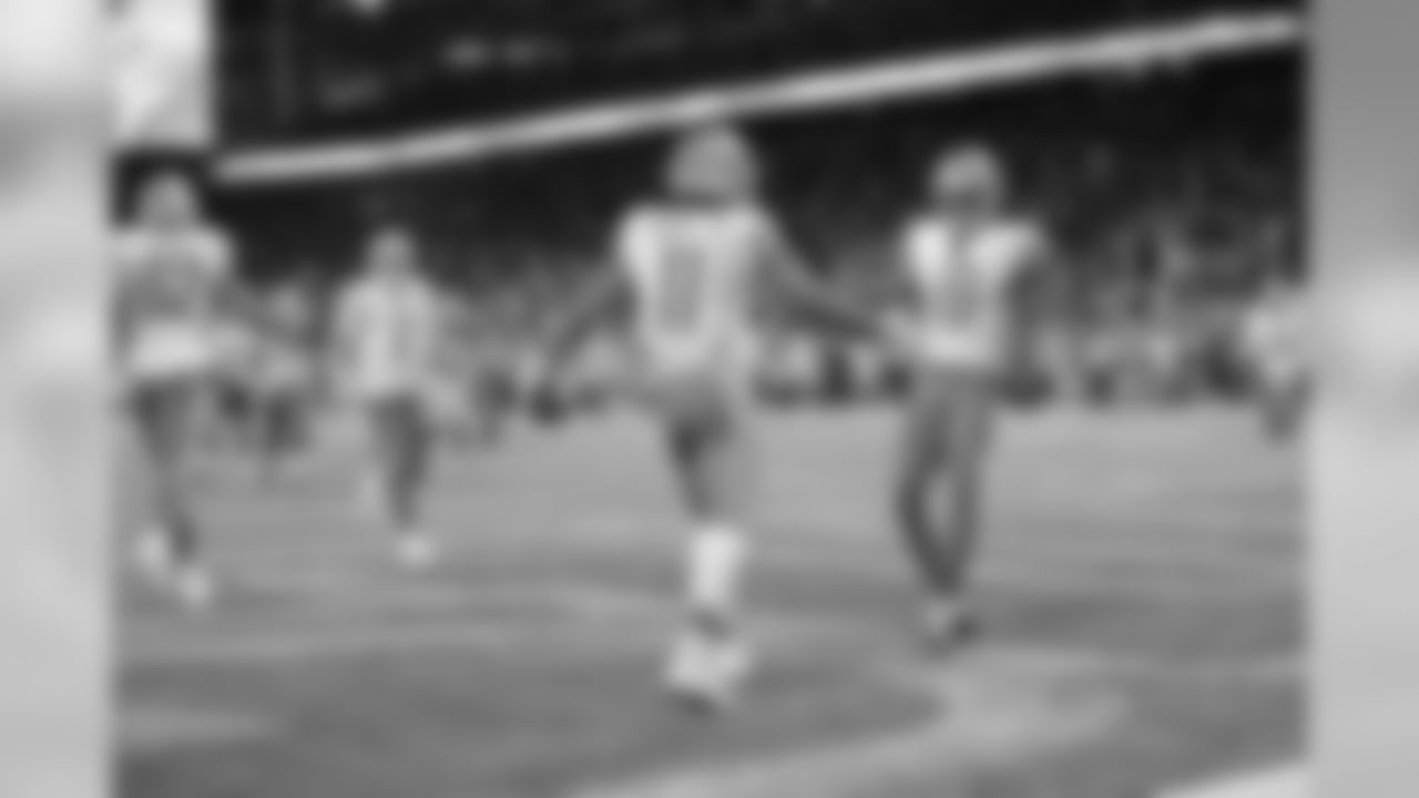 Detroit Lions wide receiver Marvin Jones Jr. (11) celebrates a touchdown catch with Detroit Lions wide receiver Kenny Golladay (19) during a NFL football game against the Dallas Cowboys Sunday, Nov. 17, 2019 in Detroit. (Detroit Lions via AP).